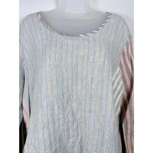 FLAX Linen Stripe Top L Made in Lithuania Blue Red Oversized Boxy Coastal Boho - Picture 2 of 11